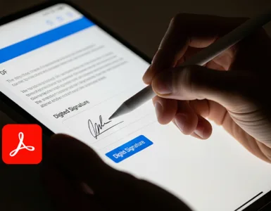 Adobe Acrobat Reader : image, photo de main qui signe un PDF sur une tablette ou un smartphone avec le logo Adobe Reader