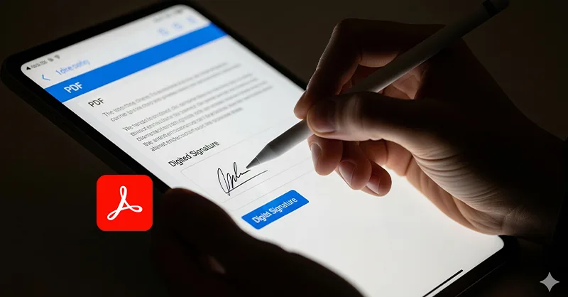 Adobe Acrobat Reader : image, photo de main qui signe un PDF sur une tablette ou un smartphone avec le logo Adobe Reader