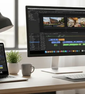 Adobe Premiere Pro : Image, photo d'un bureau moderne avec un ordinateur portable ou un écran affichant Adobe Premiere Pro ouvert.