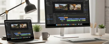 Adobe Premiere Pro : Image, photo d'un bureau moderne avec un ordinateur portable ou un écran affichant Adobe Premiere Pro ouvert.