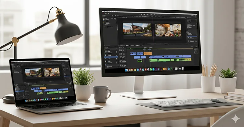 Adobe Premiere Pro : Image, photo d'un bureau moderne avec un ordinateur portable ou un écran affichant Adobe Premiere Pro ouvert.