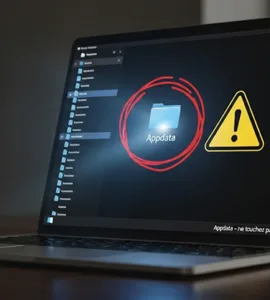 Appdata : image, photo d'un un écran d’ordinateur ouvert sur une table, avec des dossiers visibles, dont un dossier nommé "Appdata" mis en surbrillance ou entouré en rouge. Et un panneau "Attention" ou une icône de danger à côté du dossier.