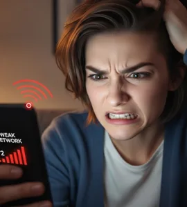 Connexion mobile lente : image, photo d'un une personne frustrée (style cartoon ou réaliste) regardant son téléphone, avec des barres de réseau faibles.