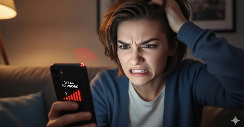 Connexion mobile lente : image, photo d'un une personne frustrée (style cartoon ou réaliste) regardant son téléphone, avec des barres de réseau faibles.