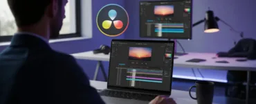 DaVinci Resolve : image, photo représentant d'un écran d’ordinateur portable ouvert sur l’interface de DaVinci Resolve, avec une timeline bien visible et une personne (de dos ou floue) en train de travailler dessus, dans une ambiance lumineuse et créative.