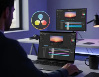 DaVinci Resolve : image, photo représentant d'un écran d’ordinateur portable ouvert sur l’interface de DaVinci Resolve, avec une timeline bien visible et une personne (de dos ou floue) en train de travailler dessus, dans une ambiance lumineuse et créative.