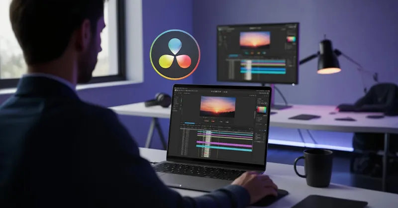 DaVinci Resolve : image, photo représentant d'un écran d’ordinateur portable ouvert sur l’interface de DaVinci Resolve, avec une timeline bien visible et une personne (de dos ou floue) en train de travailler dessus, dans une ambiance lumineuse et créative.
