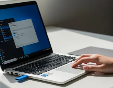 Formater son PC avec une clé USB : image, photo d'un ordinateur portable sur un bureau propre.