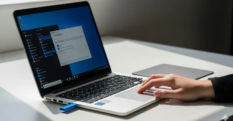 Formater son PC avec une clé USB : image, photo d'un ordinateur portable sur un bureau propre.