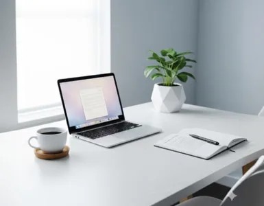 Logiciel de traitement texte : image, photo d'un bureau moderne (minimaliste, lumineux, avec une tasse de café ou carnet à côté).