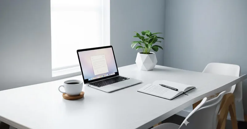 Logiciel de traitement texte : image, photo d'un bureau moderne (minimaliste, lumineux, avec une tasse de café ou carnet à côté).