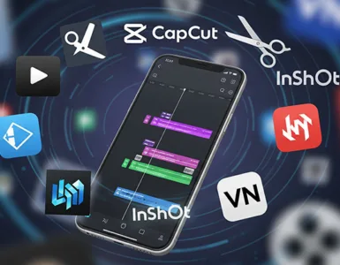 Montage vidéo sur mobile : image, photo des icônes d'applications connues (CapCut, InShot, VN, etc.) autour du smartphone, en léger flou ou semi-transparence.
