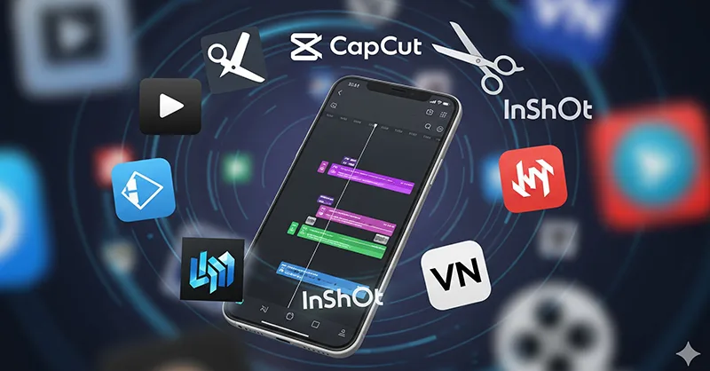 Montage vidéo sur mobile : image, photo des icônes d'applications connues (CapCut, InShot, VN, etc.) autour du smartphone, en léger flou ou semi-transparence.