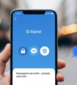 Signal : image, photo d'un smartphone visible avec une interface de messagerie de l'application Signal.