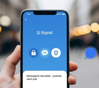 Signal : image, photo d'un smartphone visible avec une interface de messagerie de l'application Signal.
