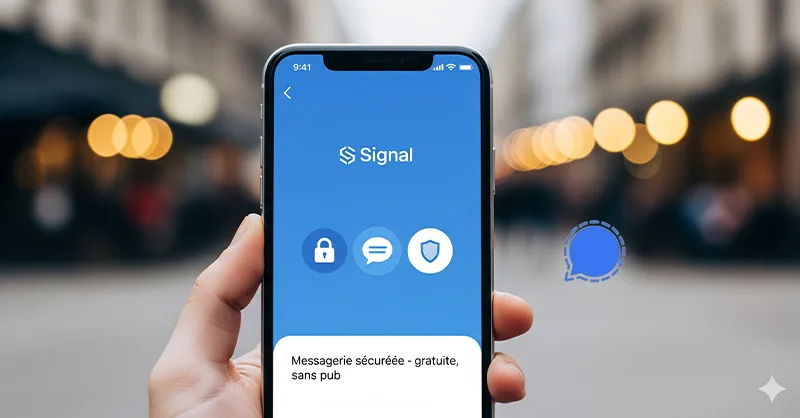 Signal : image, photo d'un smartphone visible avec une interface de messagerie de l'application Signal.