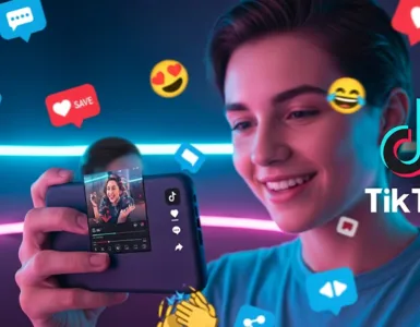 TikTok : image, photo d'une personne (jeune, souriante) qui tient un smartphone en train de regarder ou filmer une vidéo TikTok.