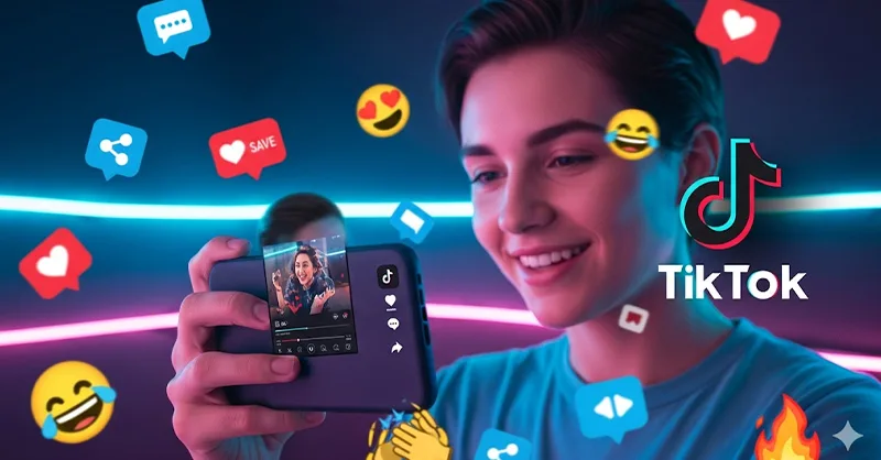TikTok : image, photo d'une personne (jeune, souriante) qui tient un smartphone en train de regarder ou filmer une vidéo TikTok.