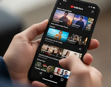 YouTube Shorts : image, photo affichant la main d'une personne tenant un smartphone montrant une interface YouTube Shorts.