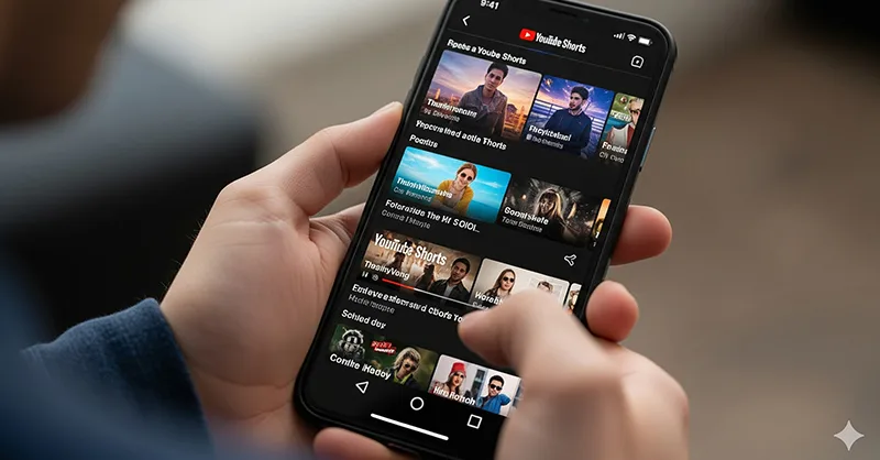 YouTube Shorts : image, photo affichant la main d'une personne tenant un smartphone montrant une interface YouTube Shorts.