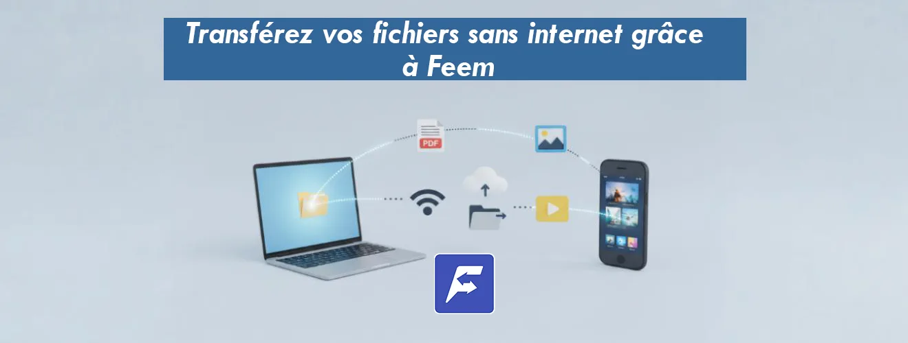 Comment utiliser Feem pour envoyer des fichiers. Image, photo des icônes de fichiers (PDF, image, vidéo) qui "voltent" d’un appareil à l’autre.