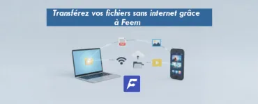 Comment utiliser Feem pour envoyer des fichiers. Image, photo des icônes de fichiers (PDF, image, vidéo) qui "voltent" d’un appareil à l’autre.