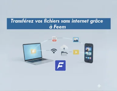 Comment utiliser Feem pour envoyer des fichiers. Image, photo des icônes de fichiers (PDF, image, vidéo) qui "voltent" d’un appareil à l’autre.