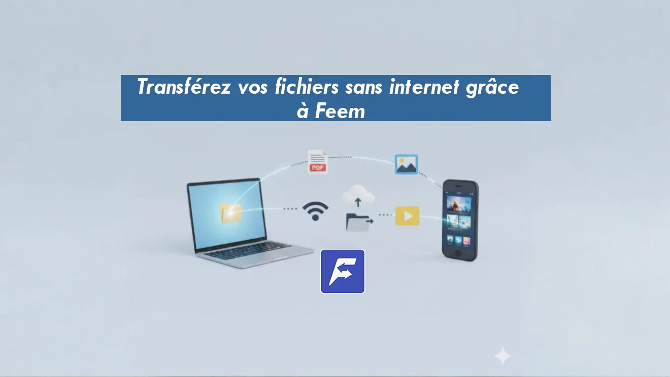 Comment utiliser Feem pour envoyer des fichiers. Image, photo des icônes de fichiers (PDF, image, vidéo) qui "voltent" d’un appareil à l’autre.