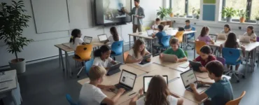 Enseigner autrement : 5 outils numériques gratuits. Image, photo d'une salle de classe moderne, lumineuse, avec des élèves utilisant des tablettes ou ordinateurs. Ambiance dynamique et positive.