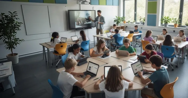 Enseigner autrement : 5 outils numériques gratuits. Image, photo d'une salle de classe moderne, lumineuse, avec des élèves utilisant des tablettes ou ordinateurs. Ambiance dynamique et positive.