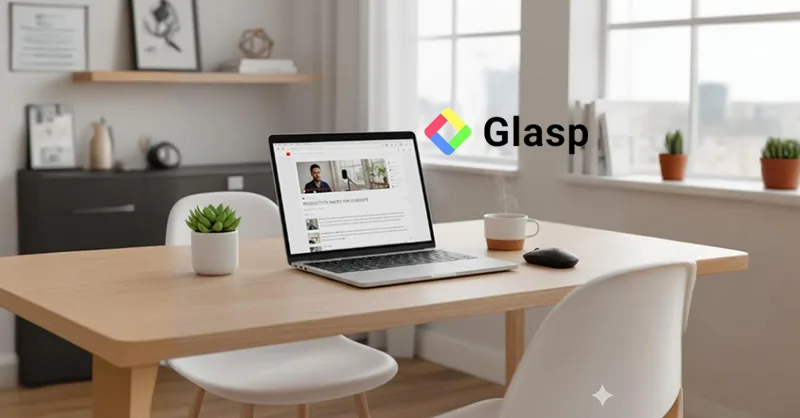 Glasp : outil gratuit pour les étudiants et curieux du web. Image, photo représentant un bureau minimaliste avec un ordinateur portable ouvert sur une page web (type article ou YouTube).