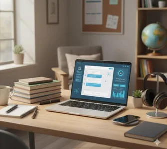 outils IA gratuits : le kit essentiel des étudiants, image, photo d'un bureau d’étudiant bien rangé, avec un ordinateur portable ouvert affichant une interface IA