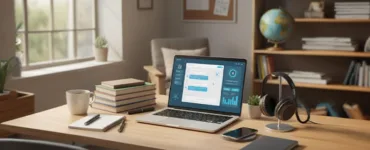 outils IA gratuits : le kit essentiel des étudiants, image, photo d'un bureau d’étudiant bien rangé, avec un ordinateur portable ouvert affichant une interface IA