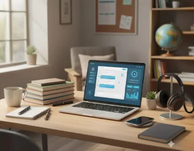 outils IA gratuits : le kit essentiel des étudiants, image, photo d'un bureau d’étudiant bien rangé, avec un ordinateur portable ouvert affichant une interface IA