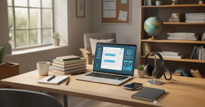 outils IA gratuits : le kit essentiel des étudiants, image, photo d'un bureau d’étudiant bien rangé, avec un ordinateur portable ouvert affichant une interface IA