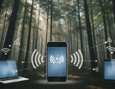 Comment partager une connexion internet : image, photo représentant un smartphone au centre de l’image, diffusant un signal Wi-Fi vers plusieurs appareils (ordinateur portable, tablette, smartphone).