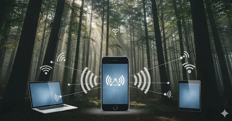 Comment partager une connexion internet : image, photo représentant un smartphone au centre de l’image, diffusant un signal Wi-Fi vers plusieurs appareils (ordinateur portable, tablette, smartphone).