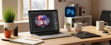 Photoshop apprendre vite et bien : image, photo d'un bureau créatif avec un ordinateur portable ouvert sur Photoshop.