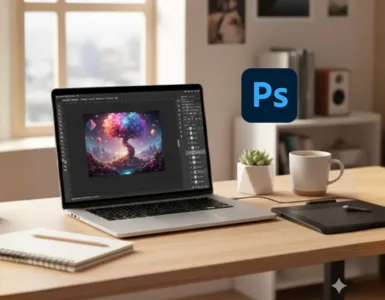 Photoshop apprendre vite et bien : image, photo d'un bureau créatif avec un ordinateur portable ouvert sur Photoshop.