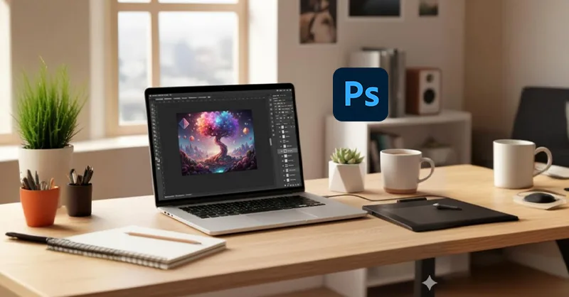 Photoshop apprendre vite et bien : image, photo d'un bureau créatif avec un ordinateur portable ouvert sur Photoshop.