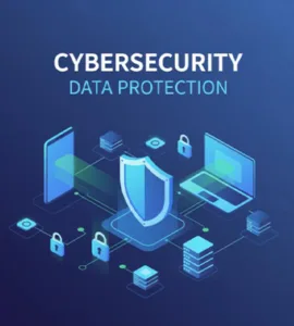 Comment protéger ses données personnelles en ligne : image ou photo d'Illustration style flat design ou 3D avec les mots "data protection" ou "cybersecurity".