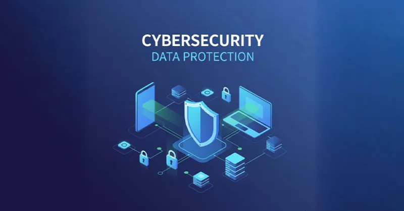 Comment protéger ses données personnelles en ligne : image ou photo d'Illustration style flat design ou 3D avec les mots "data protection" ou "cybersecurity".
