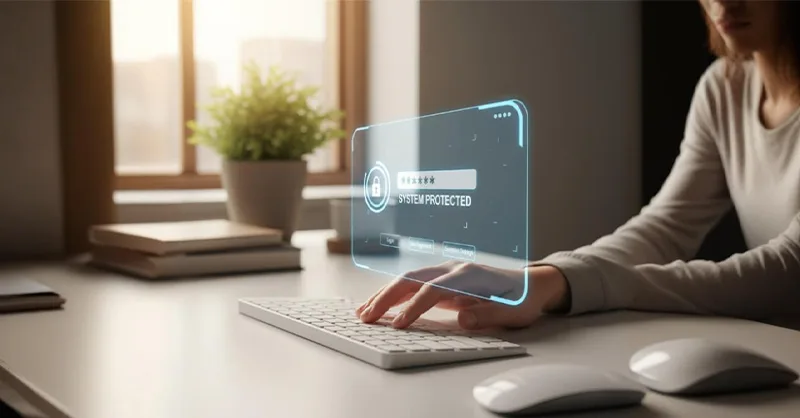 Comment protéger ses données personnelles en ligne : image ou photo d'une main posée sur un clavier avec une interface virtuelle (mot de passe, protection).