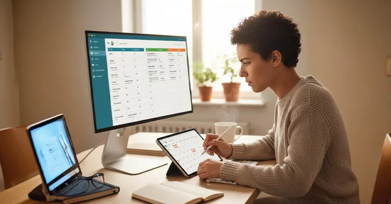 Top 5 des applications pour mieux s'organiser au quotidien : image ou photo représentant d'une personne concentrée devant un écran, en train d'organiser sa journée.