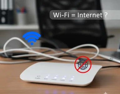 Wi-Fi et internet : deux choses différentes. Image, photo représentant un routeur Wi-Fi avec icône internet barrée.