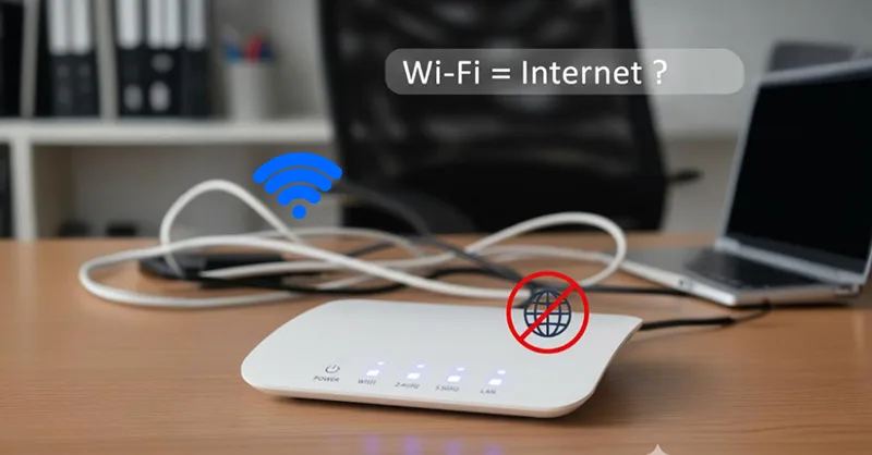 Wi-Fi et internet : deux choses différentes. Image, photo représentant un routeur Wi-Fi avec icône internet barrée.