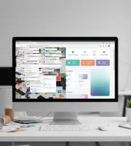 Onglets : image ou photo affichant un écran d’ordinateur (ou un laptop) affichant un navigateur web avec de nombreux onglets ouverts en haut. Certains sont regroupés par couleur (comme dans Chrome), d'autres débordent.