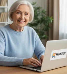 Grand titre : Comment apprendre à utiliser votre PC rapidement : image ou photo d'une personne âgée ou adulte souriant devant un ordinateur portable.