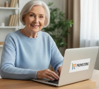 Grand titre : Comment apprendre à utiliser votre PC rapidement : image ou photo d'une personne âgée ou adulte souriant devant un ordinateur portable.