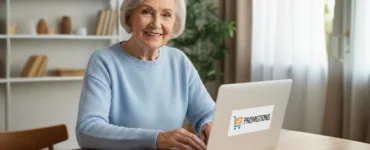 Grand titre : Comment apprendre à utiliser votre PC rapidement : image ou photo d'une personne âgée ou adulte souriant devant un ordinateur portable.